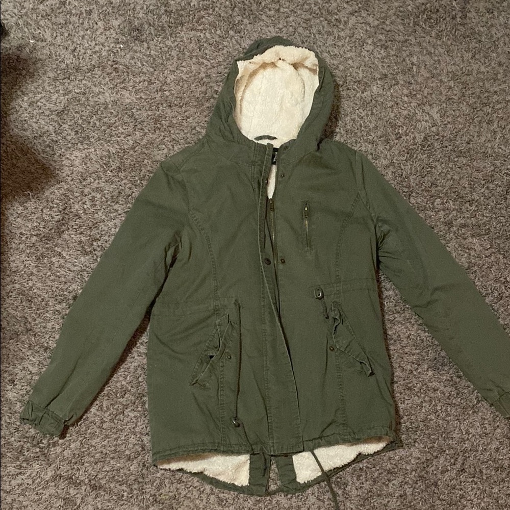 Olive Green Hooded Jacket with Sherpa Lining